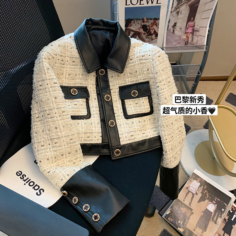 Wool Coat Peacoat - Contrast Stitching Tweed Fragrant Wind Suit