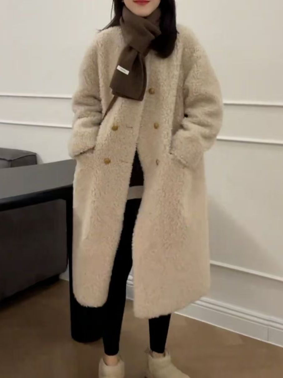 plus Size Mid-Length Lamb Fur  - Wool Coat Peacoat ulasan dan harga